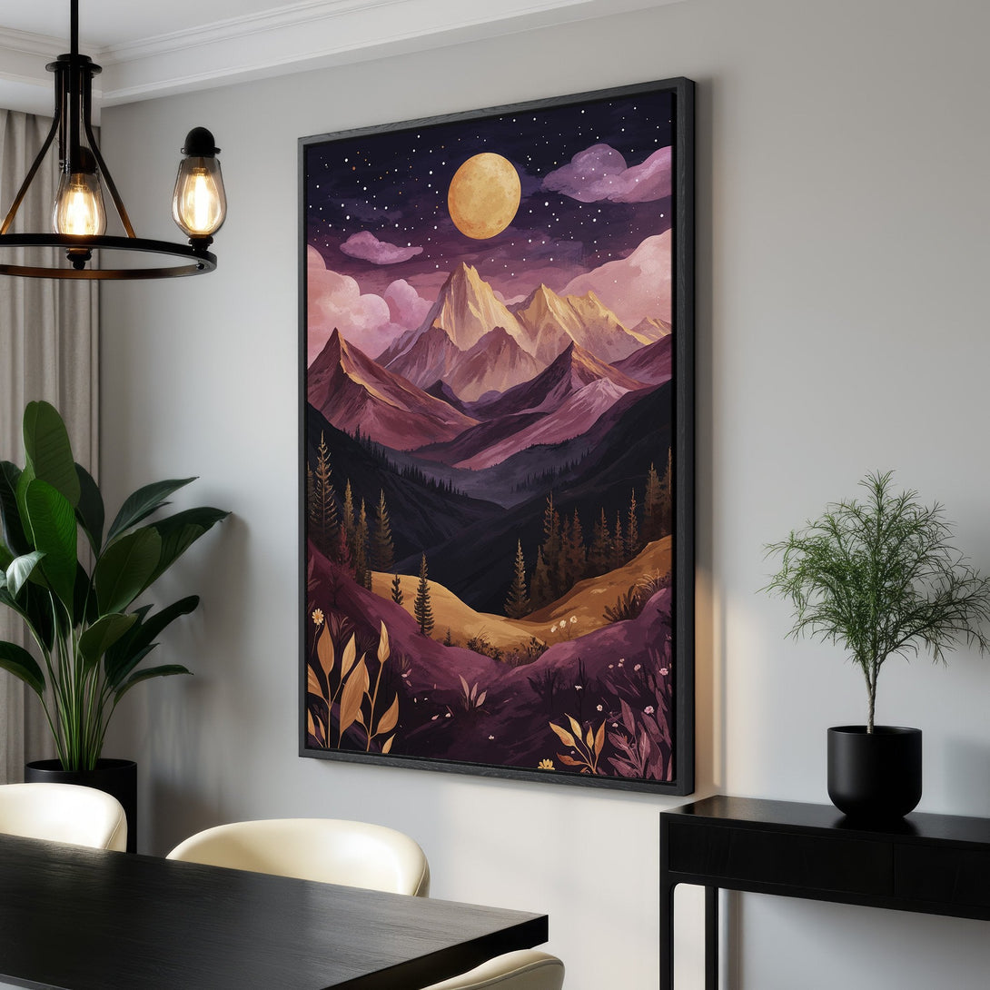 Framed Wall Art: Mountain landscape Canvas Print with a warm, purple and gold color palette. Perfect for adding a touch of nature to your home decor.