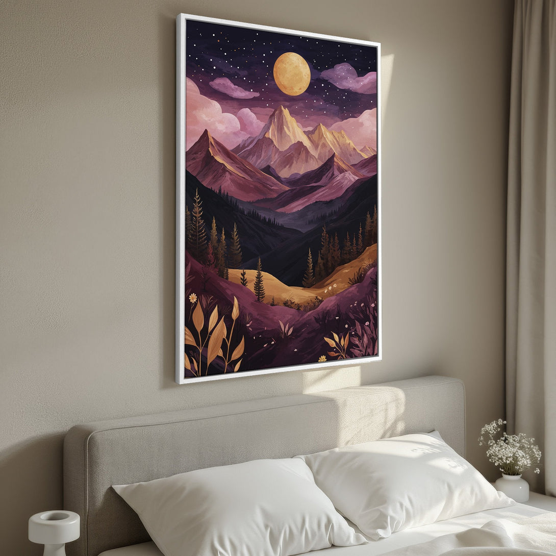Framed Wall Art: Stunning mountain landscape Canvas Print in warm purple, gold, and dark tones. Perfect for bedroom decor, this artwork adds a touch of nature's beauty.