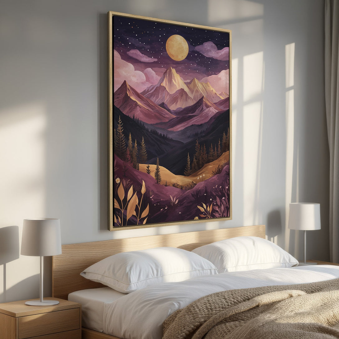 Framed Wall Art: Mountain landscape Canvas Print in warm purple and gold tones. Perfect for bedroom decor, capturing a serene night sky and moon.