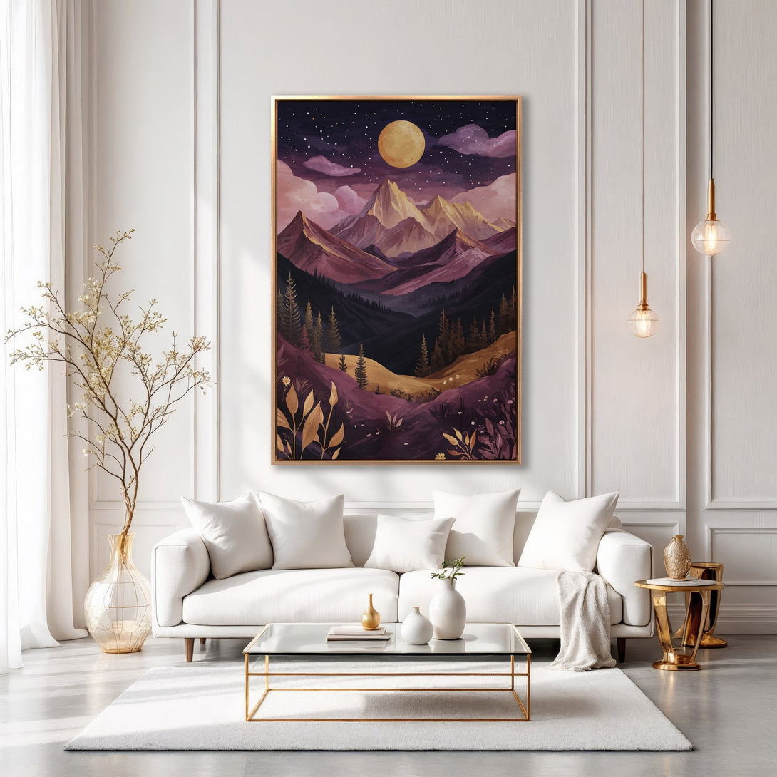Framed Wall Art: Mountain landscape Canvas Print in a modern living room. Features a warm, purple and gold color palette, perfect for home decor.