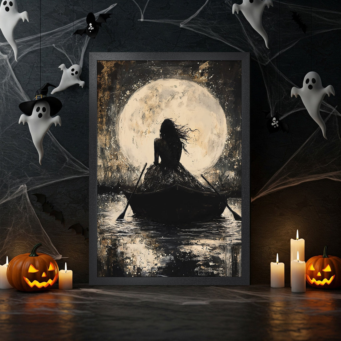 Framed Poster featuring a woman in a boat, moonlit scene, dark & moody style, black, white, & gold color palette. Perfect Halloween decor.