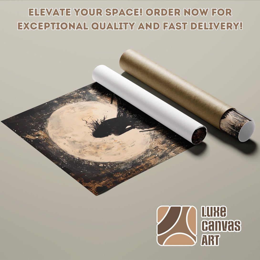 Poster Roll featuring a black and gold abstract art print. Earthy tones and modern style.