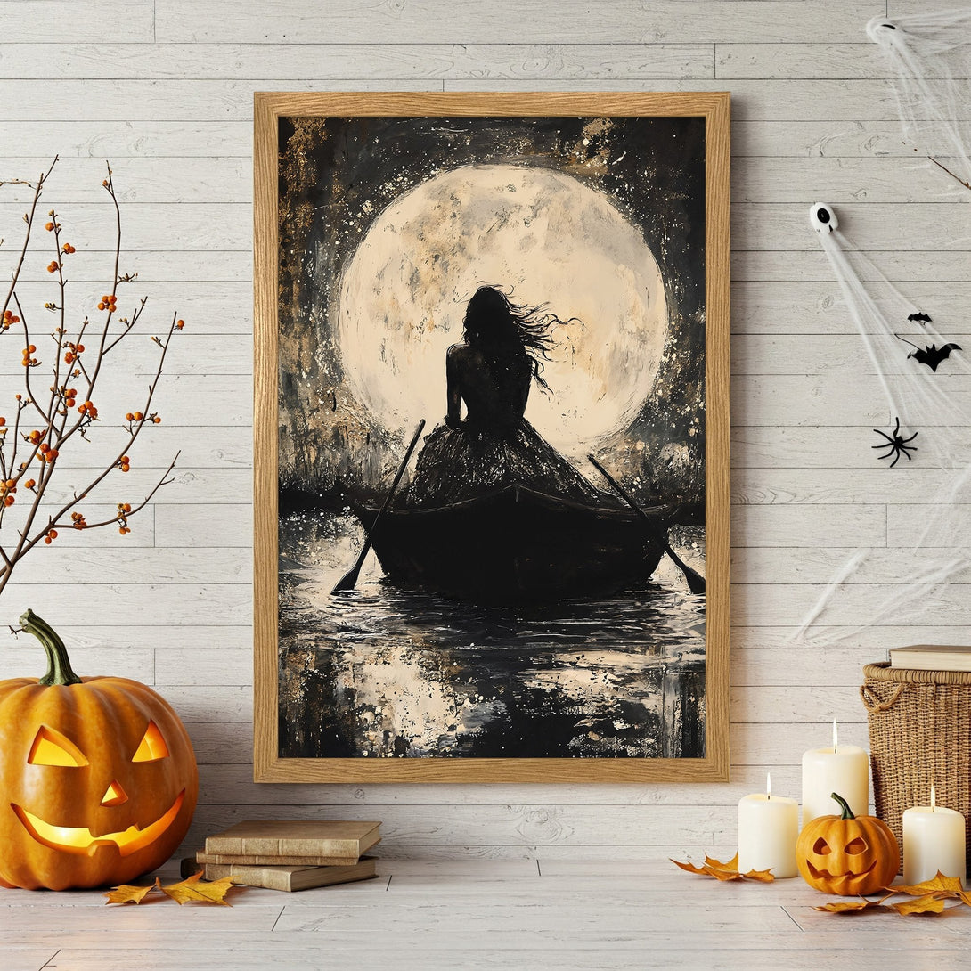 Framed Poster featuring a woman in a boat under a moon, dark and moody art style, black, white, and gold color palette. Perfect Halloween decor!