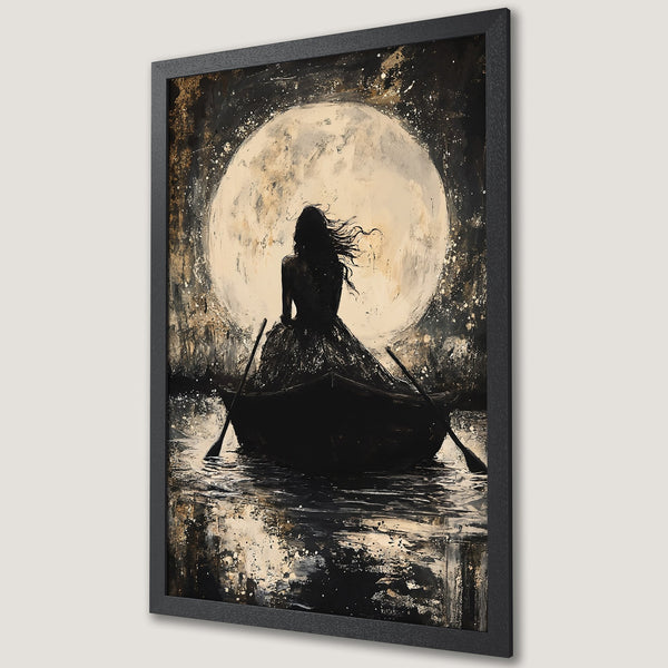 Framed Poster of a woman in a boat under a moon. Abstract art style with black, gold, and beige color palette. Perfect wall decor.