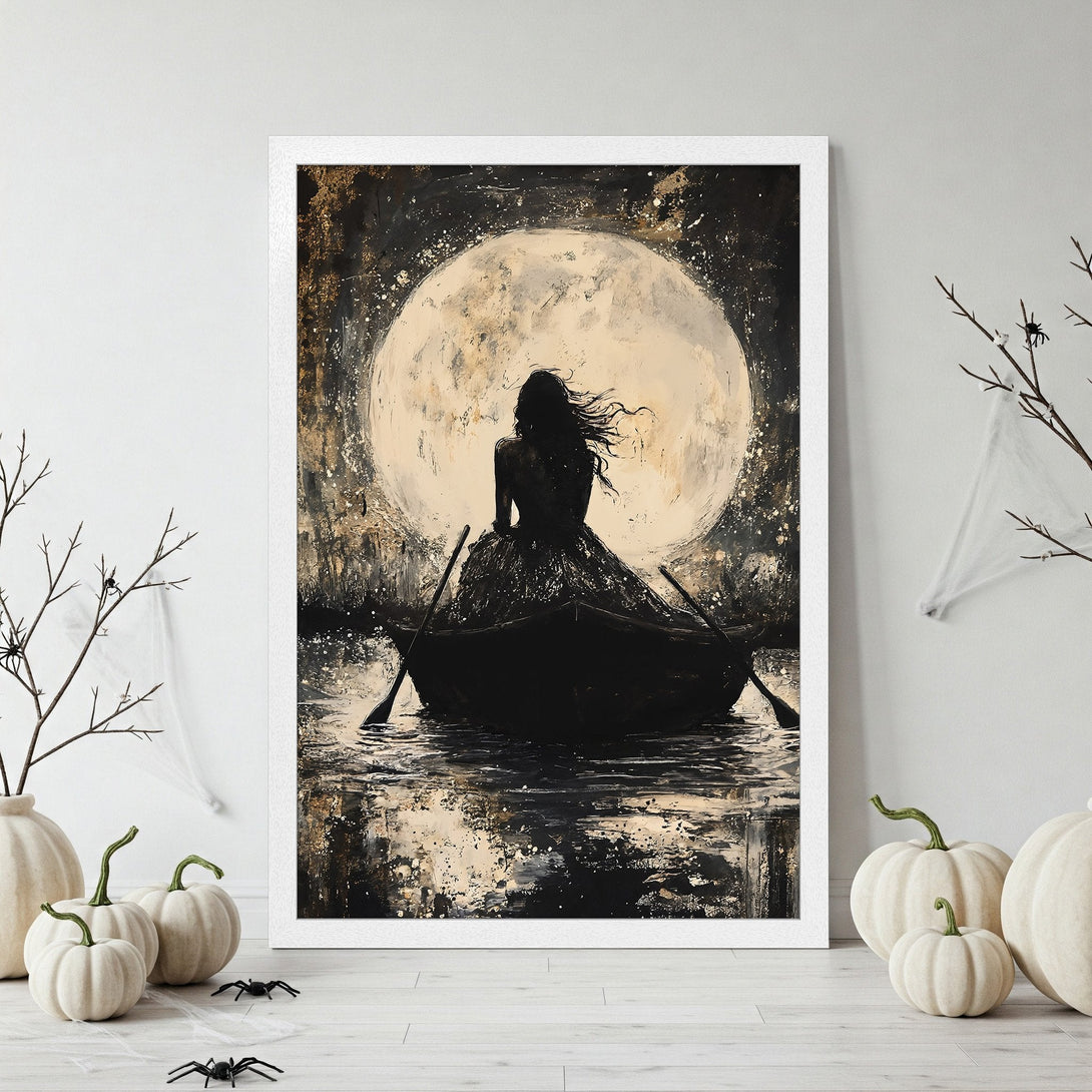 Framed Poster featuring a woman in a boat under a moon, dark & moody art in black, white, and gold. Perfect Halloween decor!