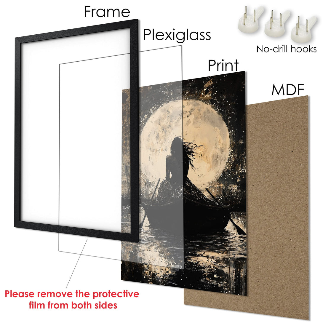 Framed Poster of a woman in a boat under a moon, with a dark, moody aesthetic and a gold and black color palette. Ready to hang!