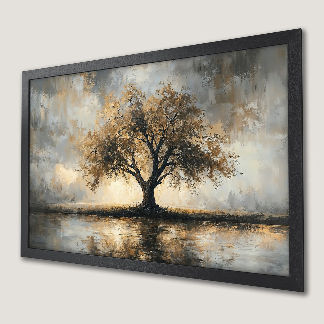 Framed Poster of a majestic tree painting in neutral tones. Enhance your decor with this stunning artwork.