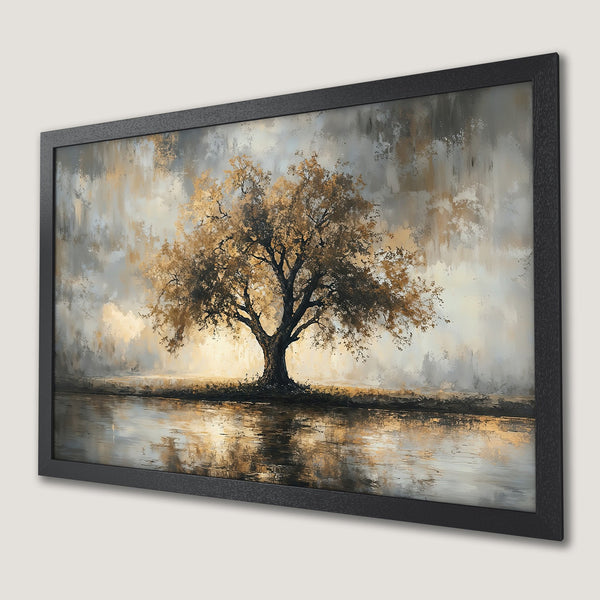 Framed Poster of a majestic tree painting in neutral tones. Enhance your decor with this stunning artwork.