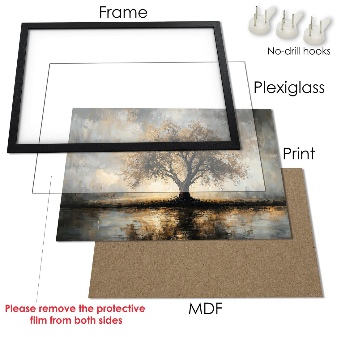 Framed Poster featuring a serene tree landscape in a muted, warm color palette. Enhance your space with this beautiful art print!