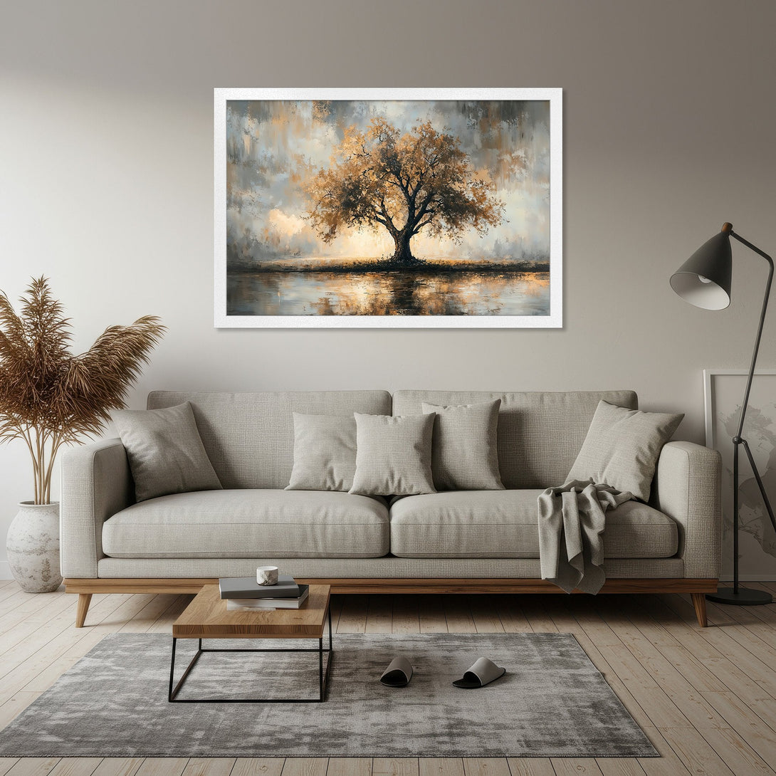 Framed Poster of a tree painting in a neutral color palette. Perfect for living room decor.