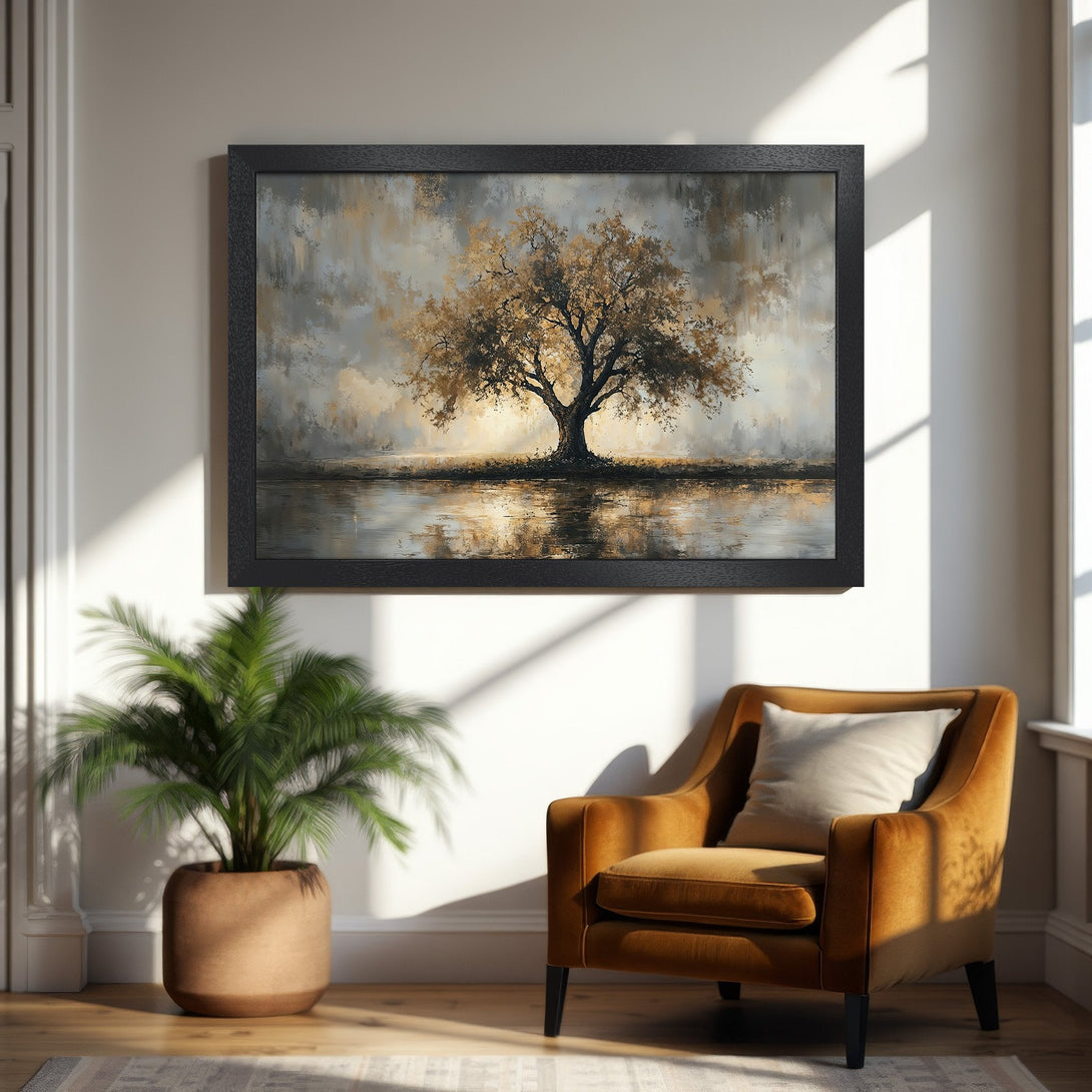 Framed Poster featuring an abstract tree painting in gold and gray tones. Perfect wall art for home decor.