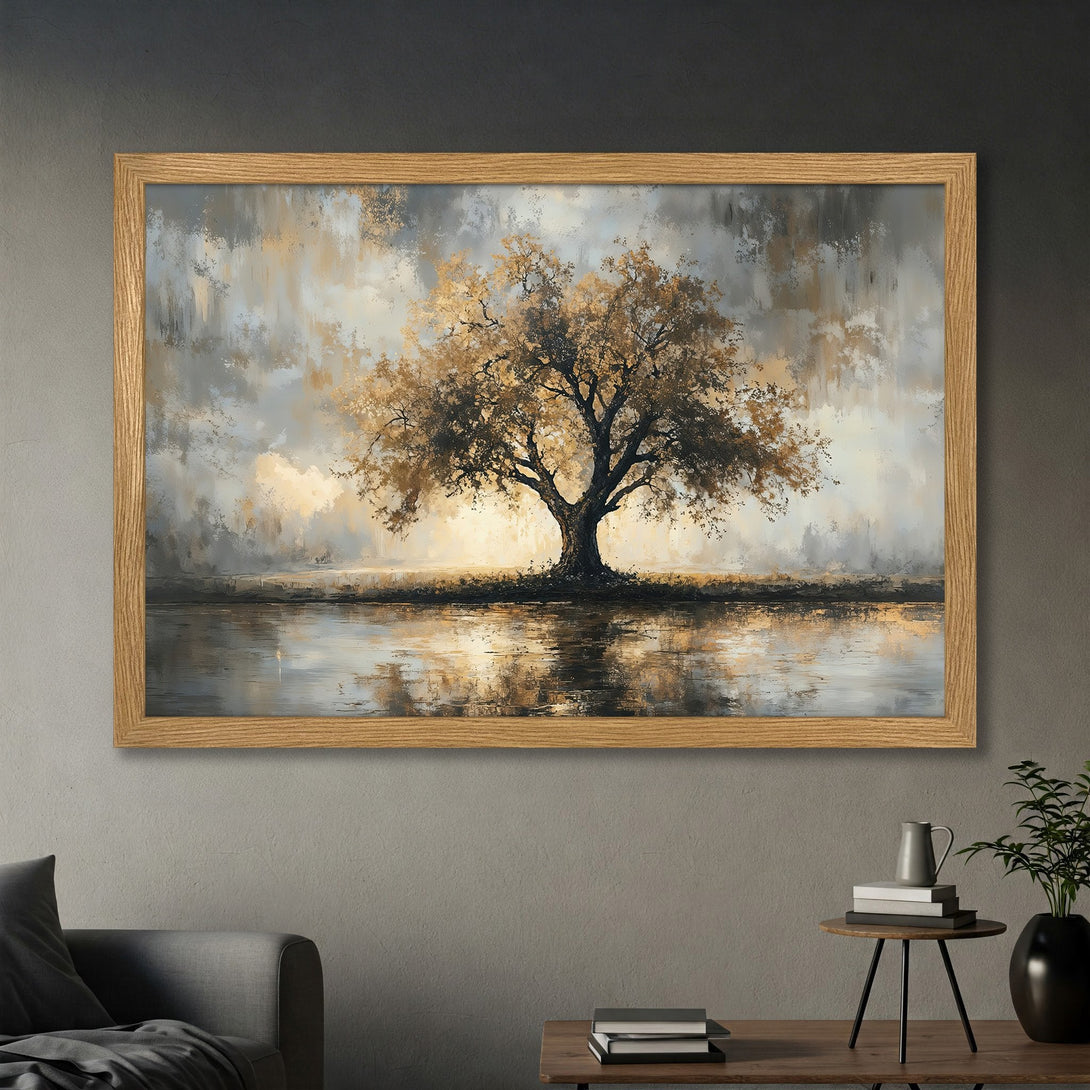 Framed Poster of a majestic tree reflected in water, with a neutral color palette and impressionistic style. Perfect wall art!