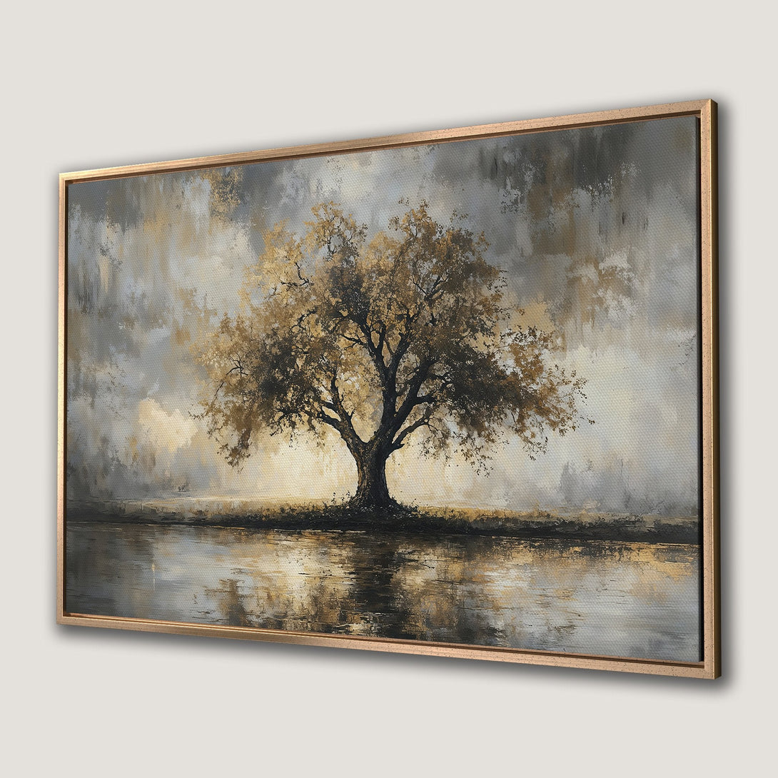 Framed Wall Art: Stunning tree painting in neutral tones. Elegant canvas print with gold, gray, and brown color palette. Perfect for modern home decor.