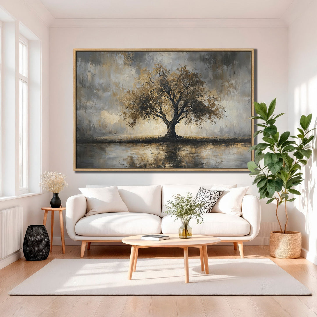Framed Wall Art featuring an abstract tree painting in neutral tones. Enhance your living space with this stylish and calming canvas print.