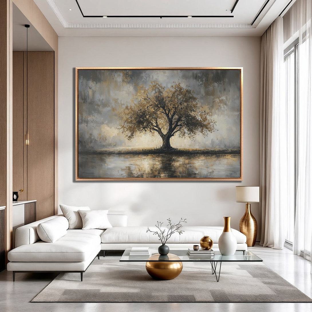 Framed Wall Art: Abstract tree painting in neutral tones. Modern decor with gold, gray, and white color palette. Elevate your space with this stunning artwork.