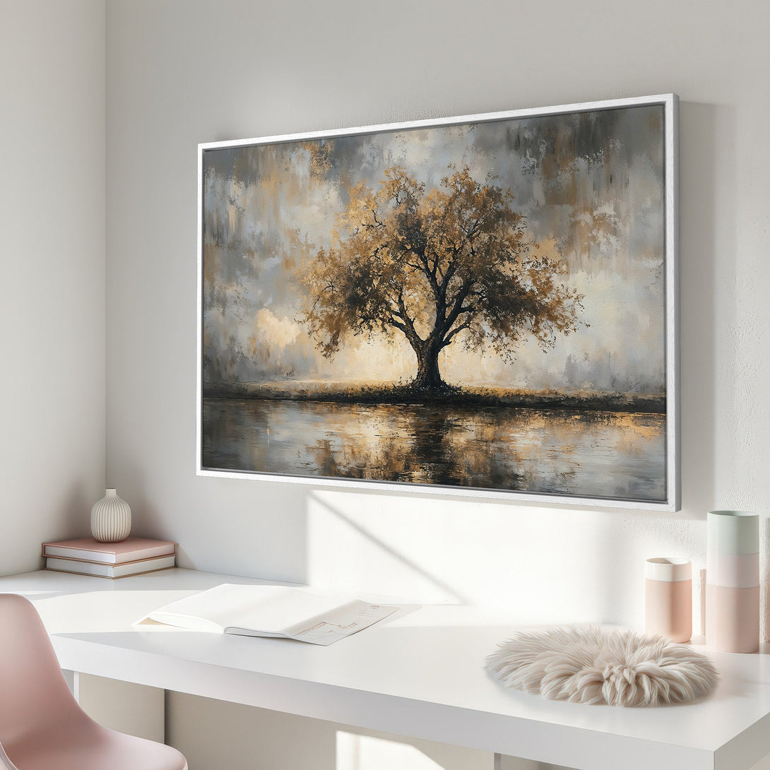 Framed Wall Art: Abstract landscape Canvas Print featuring a golden tree, serene water reflection, and a neutral color palette. Perfect for home decor.
