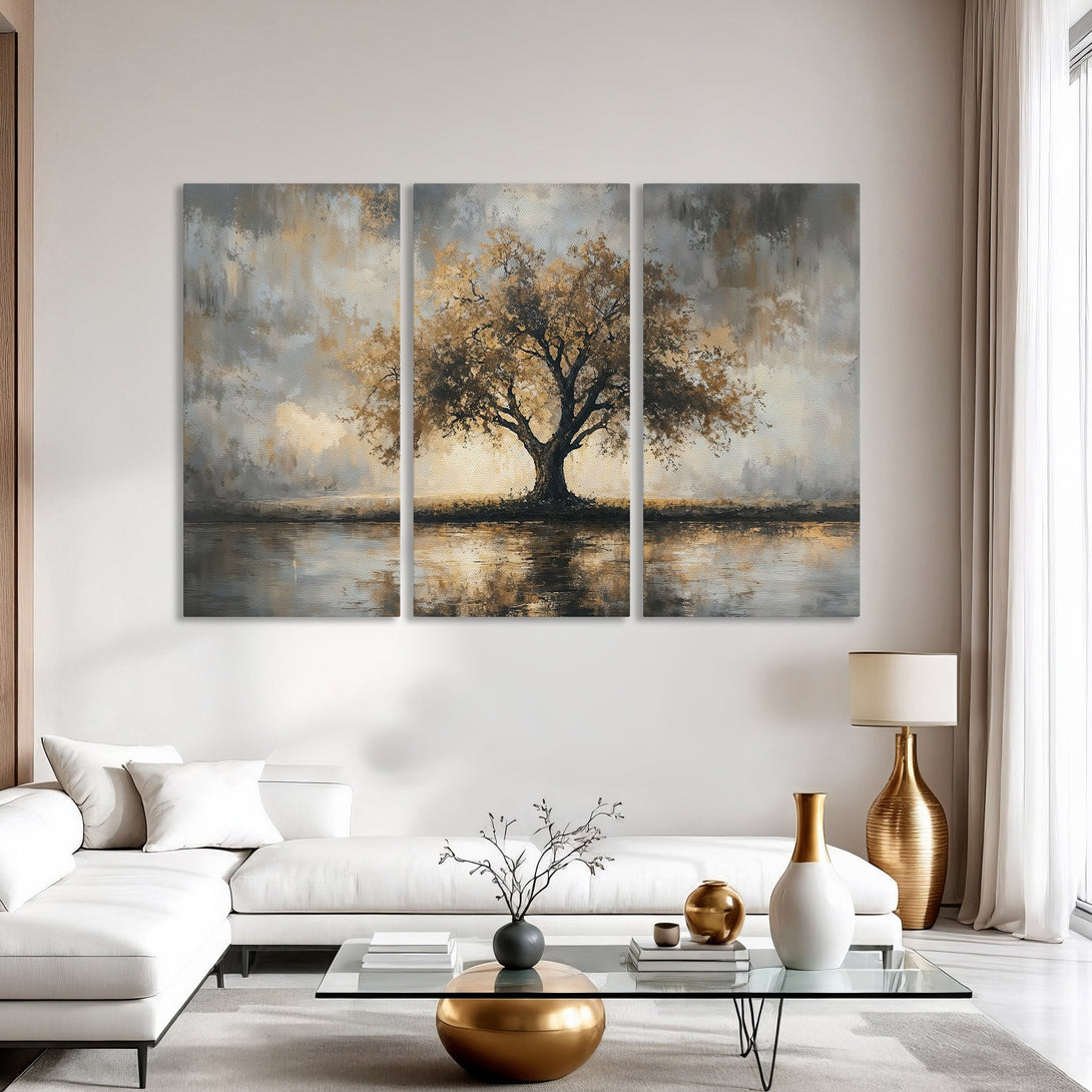 Canvas Print of a serene tree landscape in a neutral color palette. Modern abstract art for home decor.