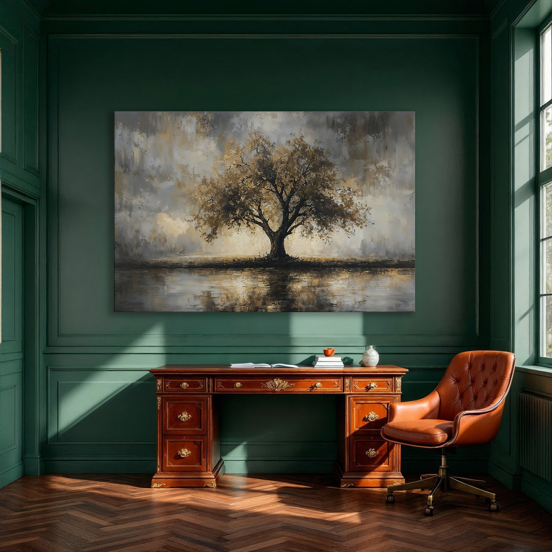 Framed Wall Art: Abstract tree landscape in gold, gray, and beige tones. Modern canvas print adds elegance to dining room decor.