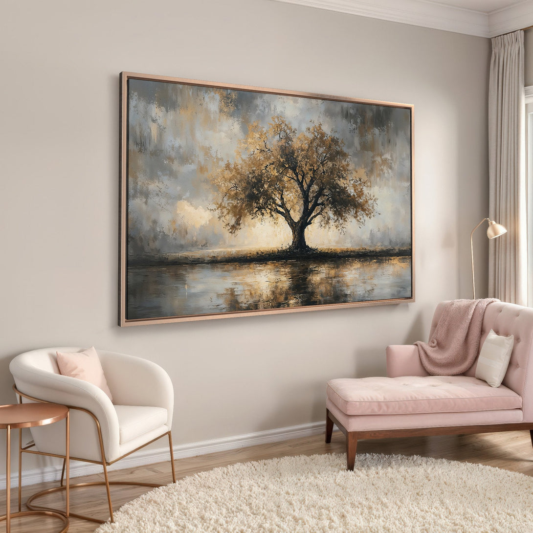 Framed Wall Art: Abstract tree painting in neutral tones. Modern canvas print with gold and gray color palette, perfect for living room decor.