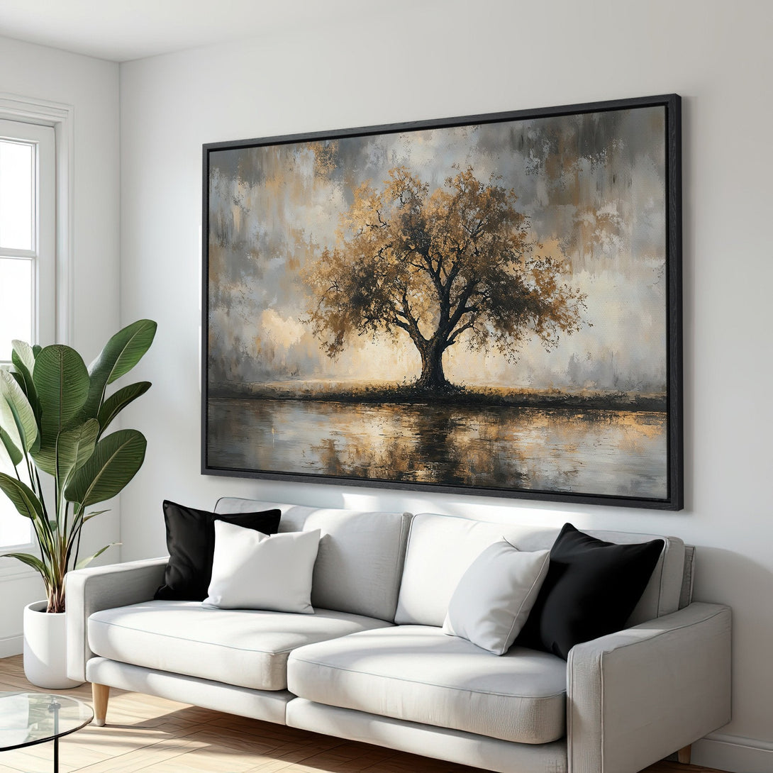 Framed Wall Art: Abstract tree landscape in neutral tones. Adds warmth to any space. Perfect for modern home decor.