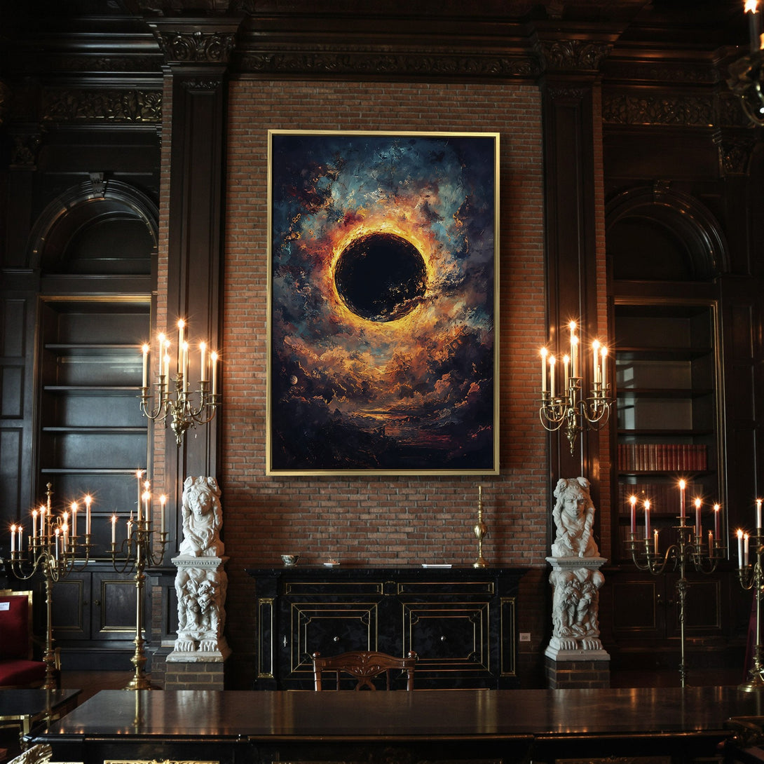 Abstract Canvas Print featuring a cosmic explosion in fiery orange and blue tones, perfect for Halloween decor.