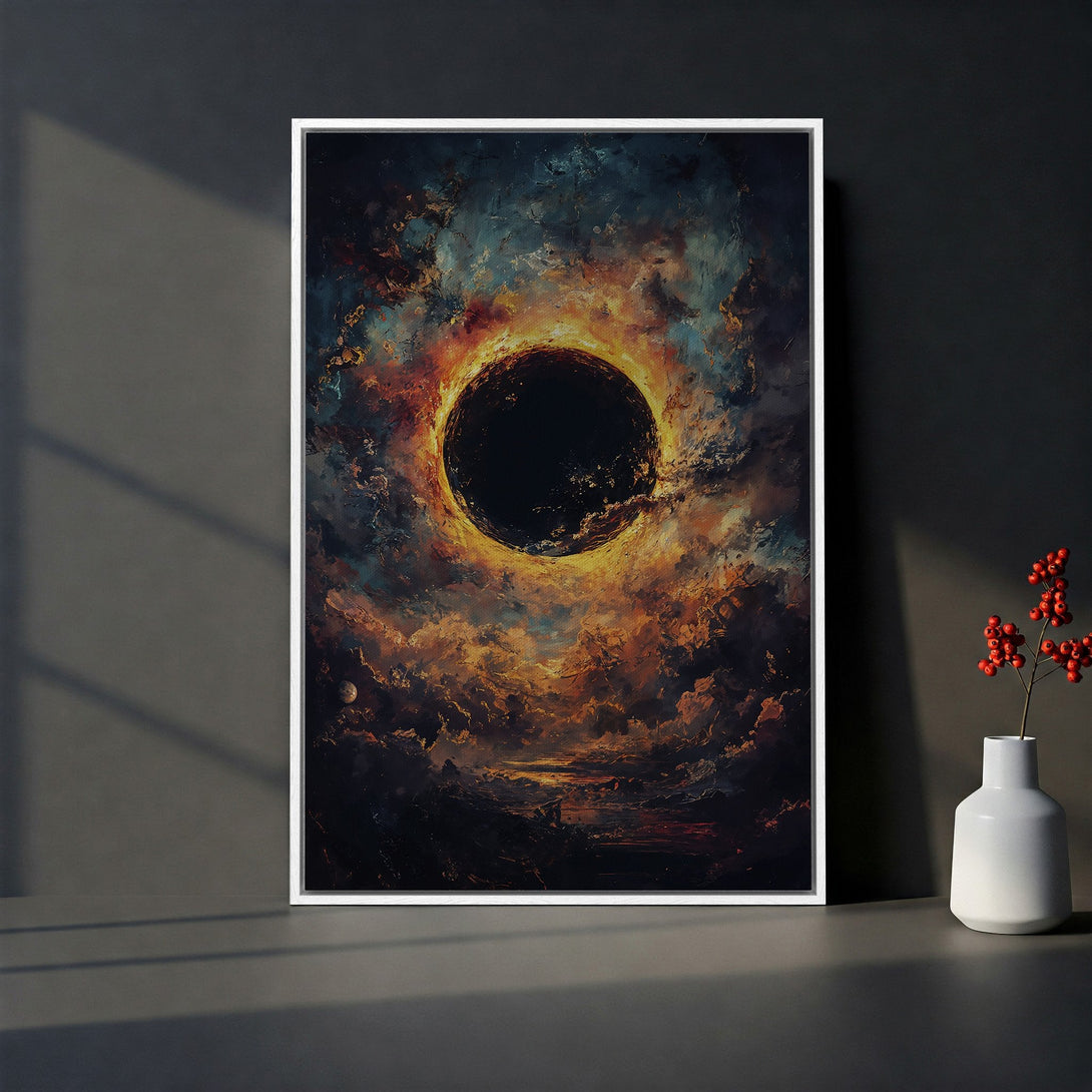 Framed Wall Art featuring an abstract celestial scene in a warm, earthy color palette. Add a touch of cosmic beauty to your space!