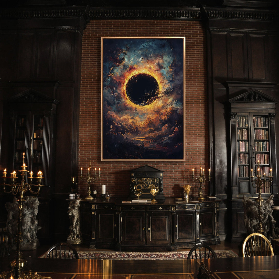 Framed Wall Art: Abstract celestial canvas print with dark blues, oranges, and yellows. Dramatic art piece adds a touch of mystery to any space.