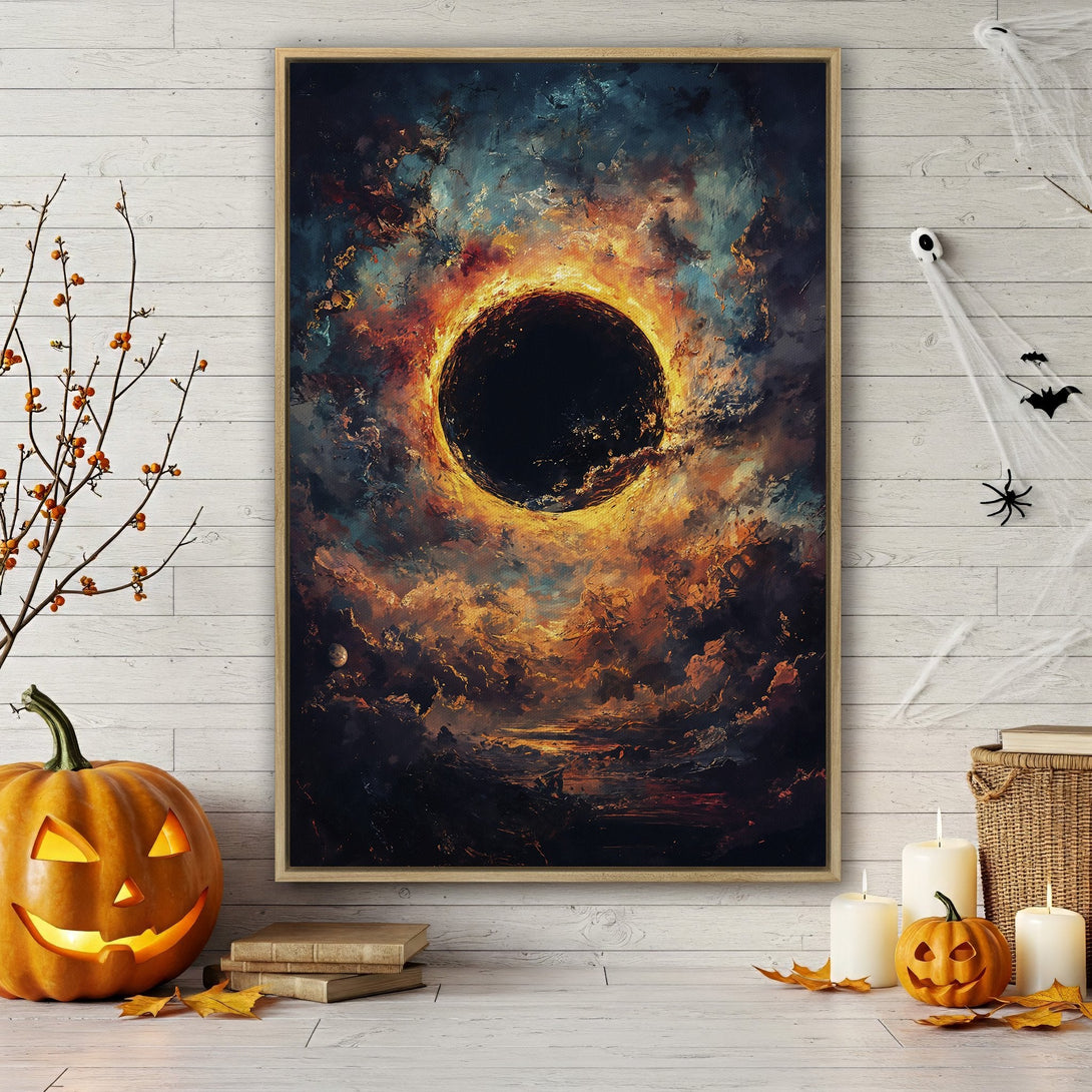 Framed Wall Art: Abstract celestial art Canvas Print with a dramatic black hole design, warm orange and blue tones. Perfect for Halloween decor!
