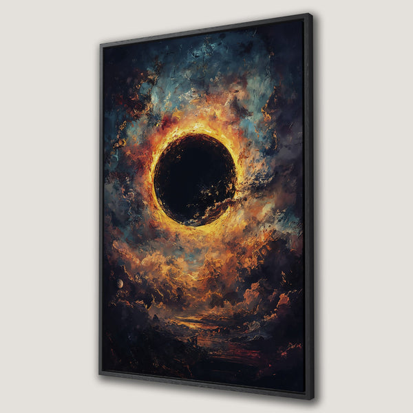 Framed Wall Art: Abstract celestial art print featuring a dark sun in a vibrant orange, blue, and black color palette. Perfect for modern home decor.