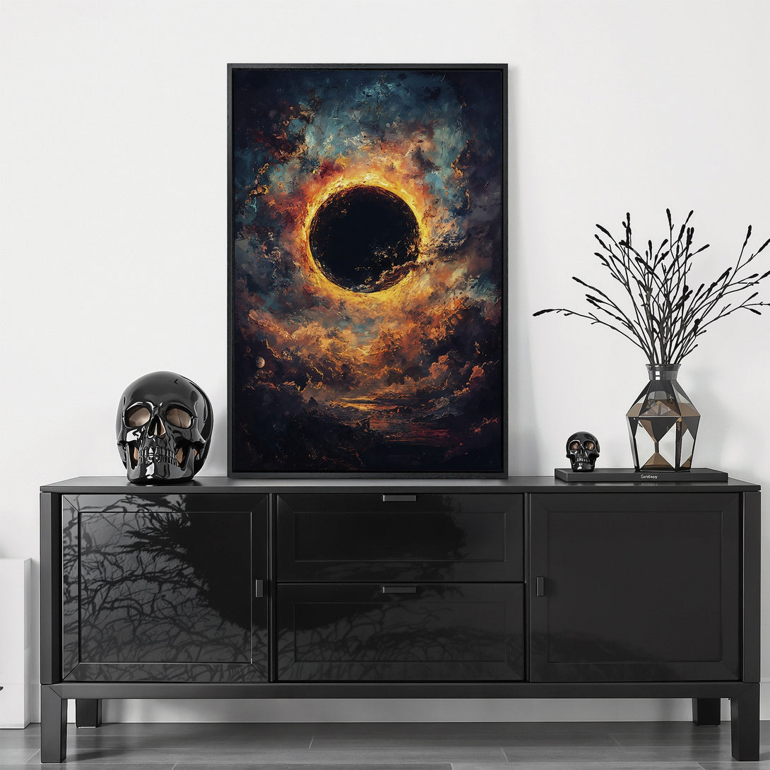 Framed Wall Art: Abstract space art Canvas Print, featuring a dark hole and fiery orange/blue color palette, perfect for modern home decor.
