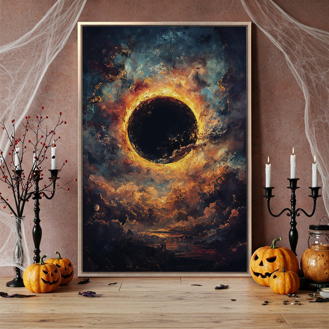 Framed Wall Art: Abstract celestial artwork in fiery orange, blue, and black. Perfect for Halloween decor. Add a touch of mystery to your space!