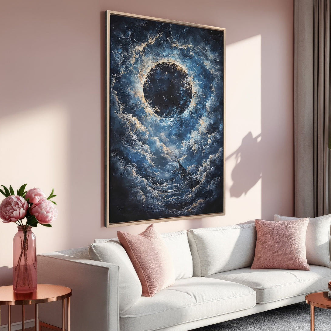 Framed Wall Art: Abstract celestial painting in blue and gold hues. Modern art canvas print adds a touch of elegance to any interior.