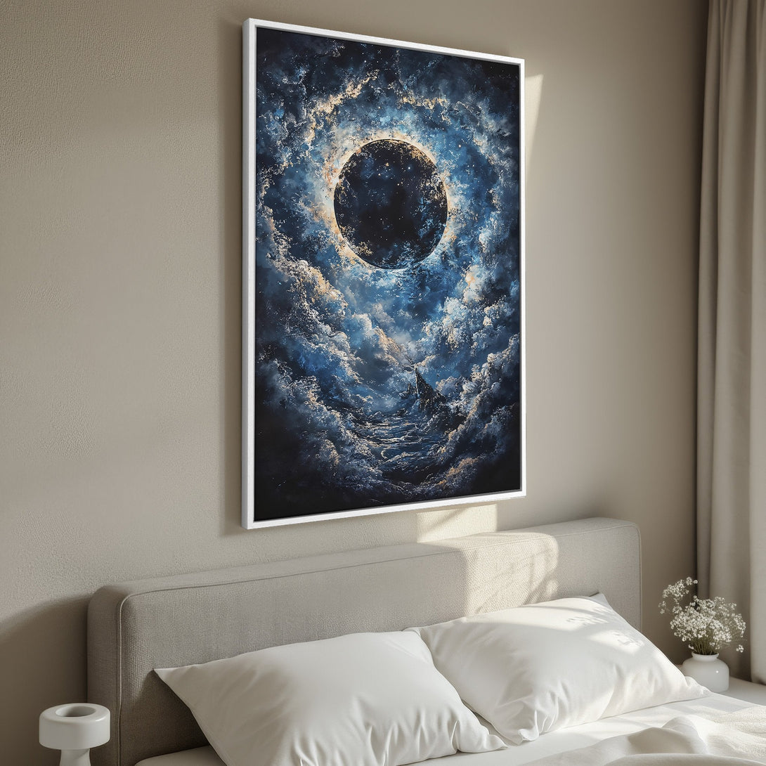 Framed Wall Art featuring a celestial abstract design in blue and gold tones. Perfect for modern bedroom decor. Shop now!
