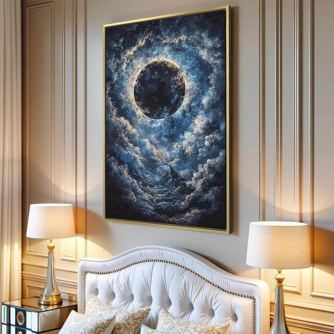 Canvas Print of a celestial art piece in blue and gold tones, adding a touch of cosmic beauty to any living space.