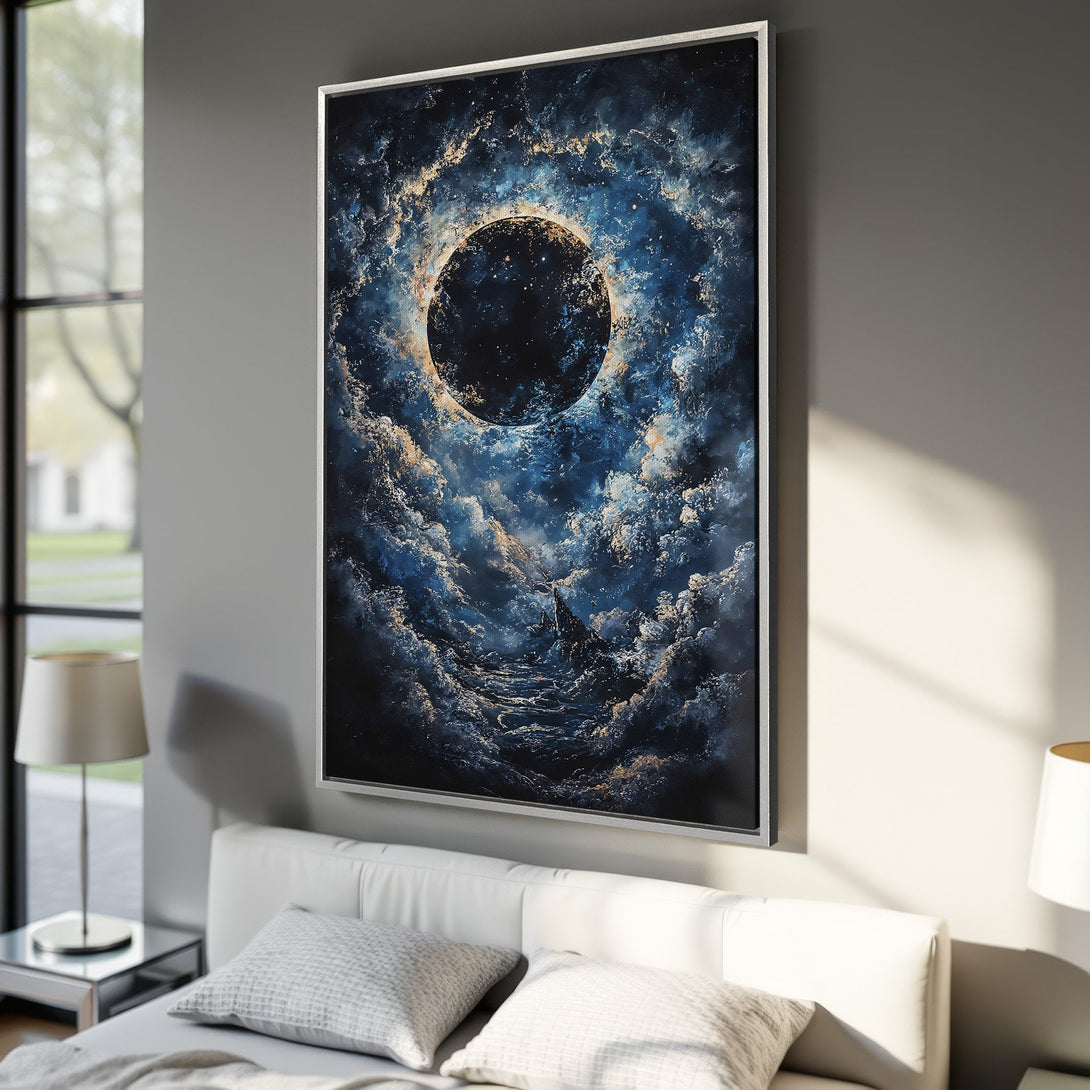 Framed Wall Art featuring an abstract celestial scene in blue and gold hues. Modern art canvas print perfect for bedroom decor.