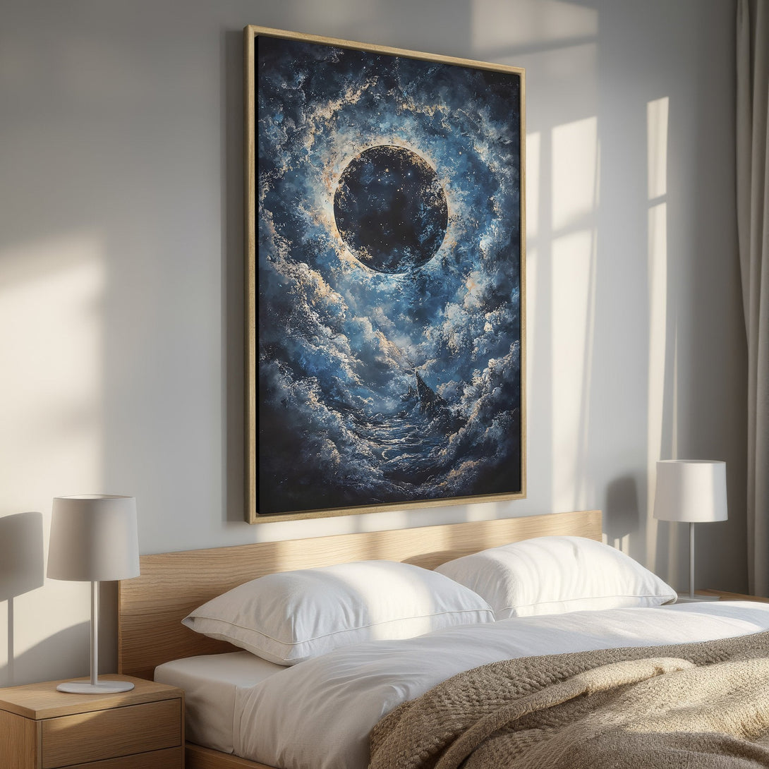 Framed Wall Art: Abstract celestial landscape in blue and gold tones. Transform your space with this stunning Canvas Print, perfect for any room.