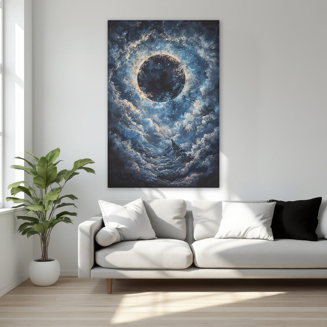 Framed Wall Art: Abstract celestial canvas print in blue and gold tones. Adds a touch of luxury to any interior. Shop now for stunning wall decor!