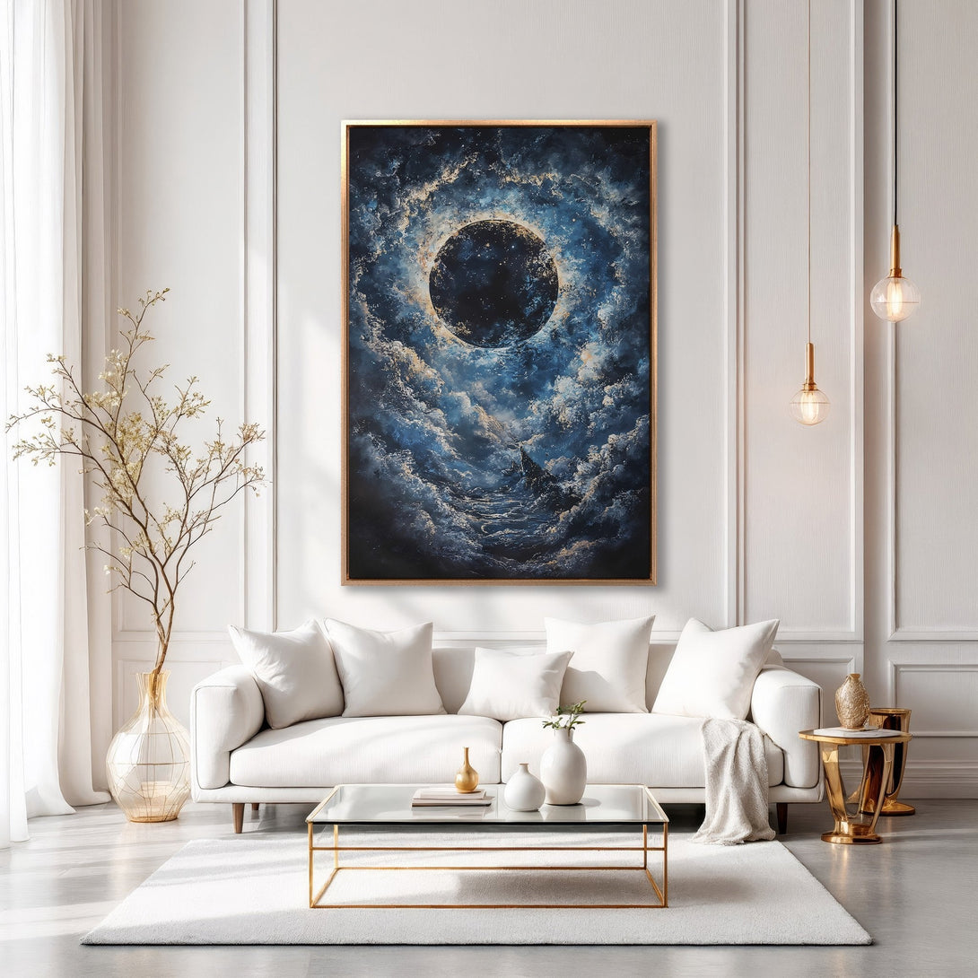 Framed Wall Art featuring a celestial abstract design in blue and gold tones, displayed in a modern living room. Elevate your space with stunning art!