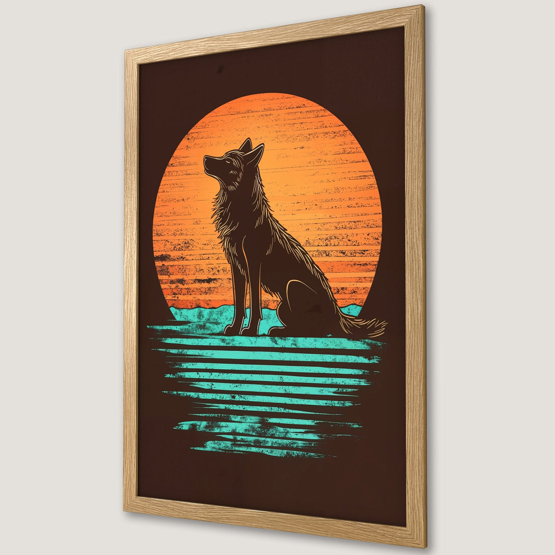 Framed Poster featuring a wolf silhouette against a sunset. Rustic style with orange, teal, and brown color palette. Perfect wall art!