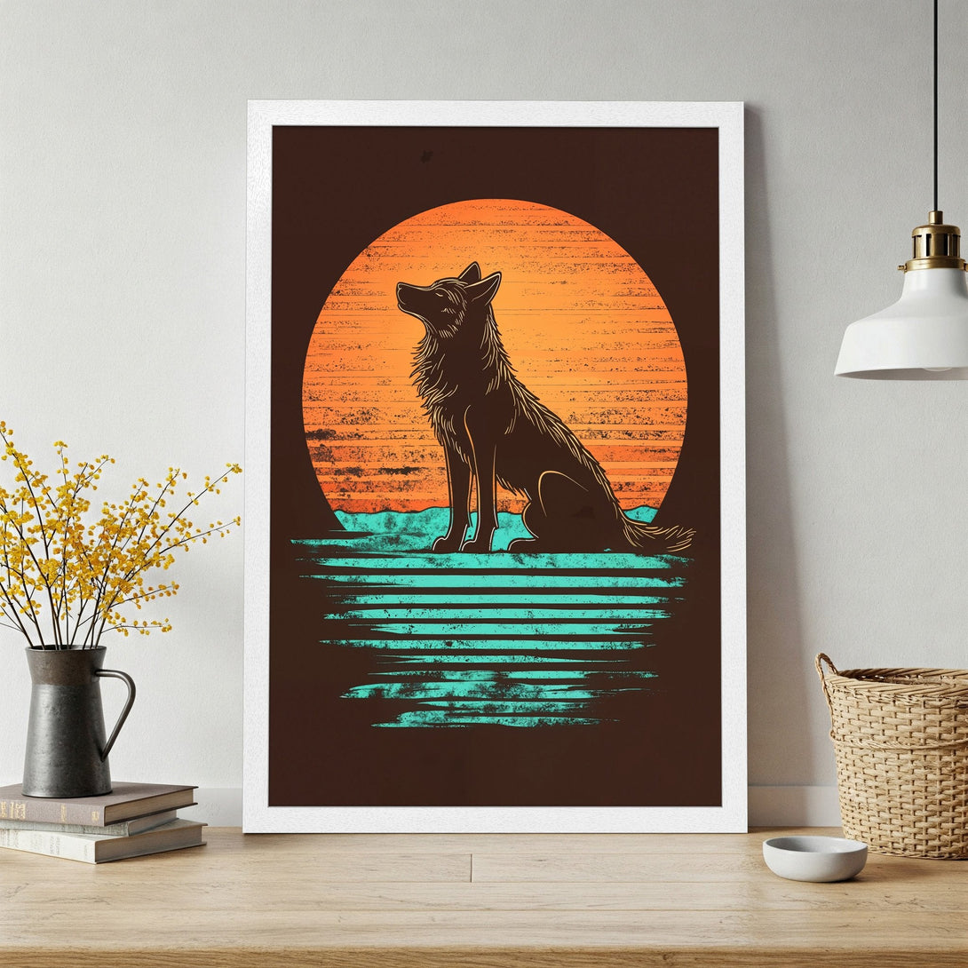 Framed Poster featuring a wolf silhouette against a sunset. Vintage style with orange, brown, and turquoise color palette. Perfect wall art!