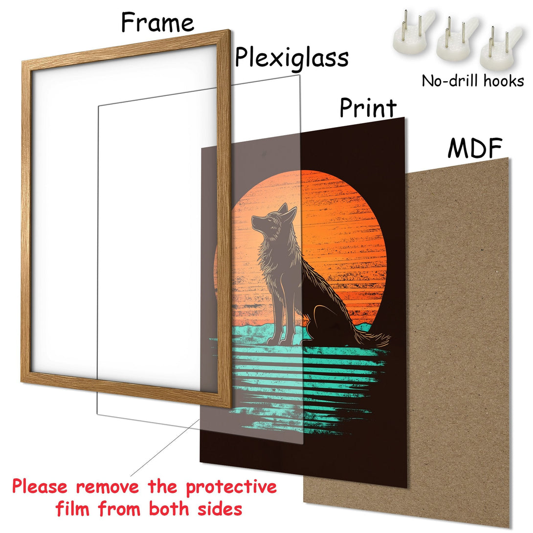 Framed Poster featuring a wolf silhouette against a sunset, with orange, teal, and brown tones. Perfect wall art!