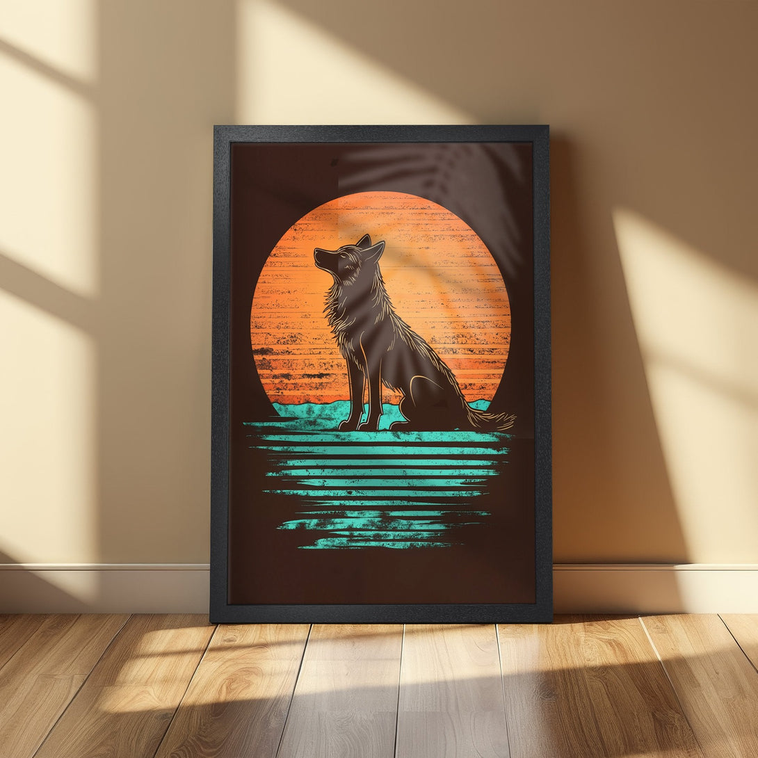 Framed Poster featuring a wolf silhouette against a sunset. Retro style with orange, teal, and brown color palette. Perfect wall art!