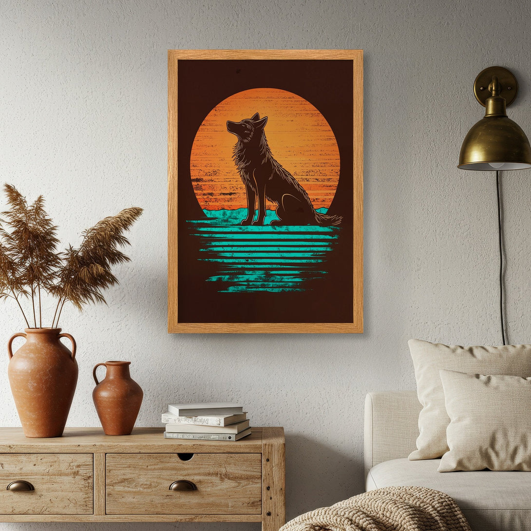 Framed Poster featuring a wolf silhouette against a sunset. Rustic style with warm orange, brown, and teal color palette. Perfect wall art!