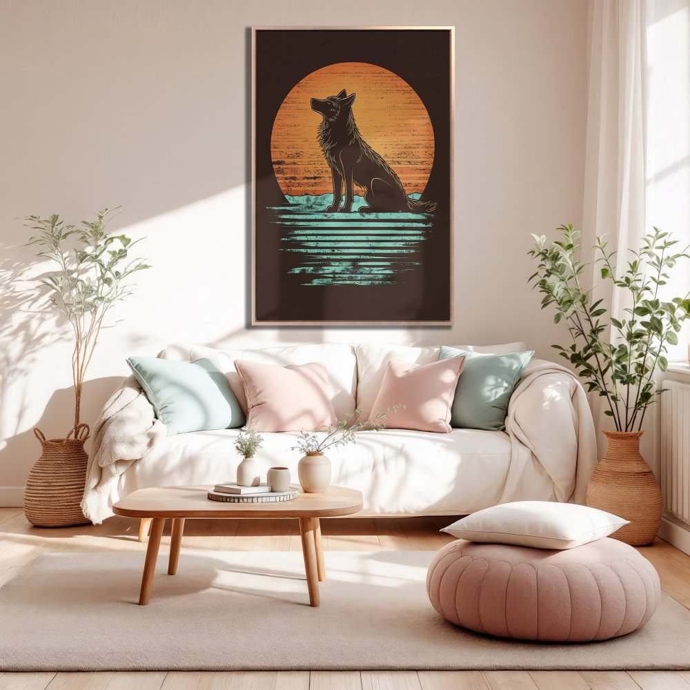Framed Wall Art: Wolf silhouette against sunset, retro style, warm orange & teal palette. Perfect for living room decor.