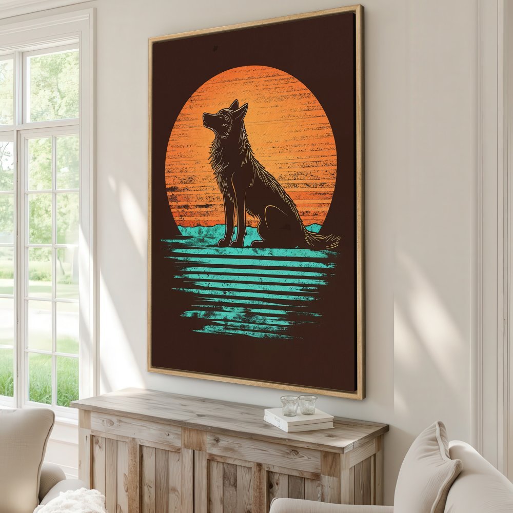 Framed Wall Art featuring a wolf silhouette against a sunset. Retro style, warm orange, teal, and brown color palette. Perfect home decor!