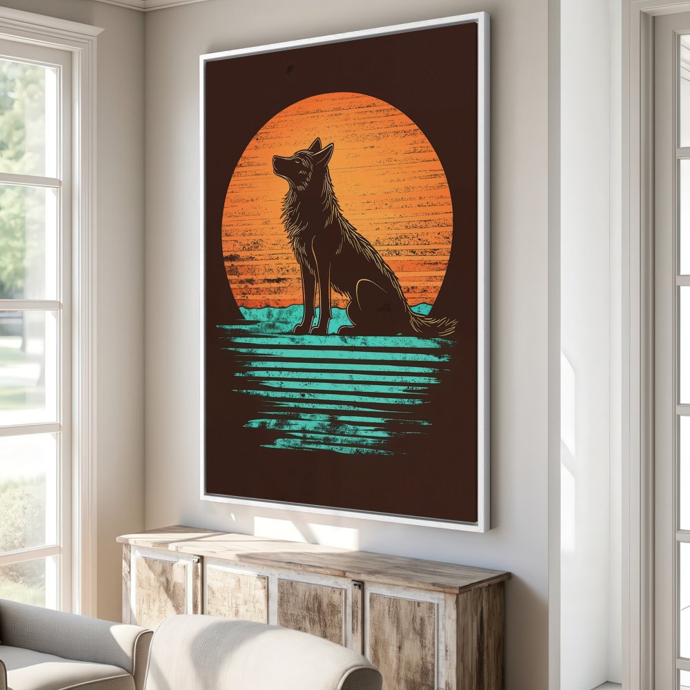 Framed Wall Art: Silhouette of a wolf against a sunset. Vintage style, warm orange, teal, and brown color palette. Perfect for home decor.