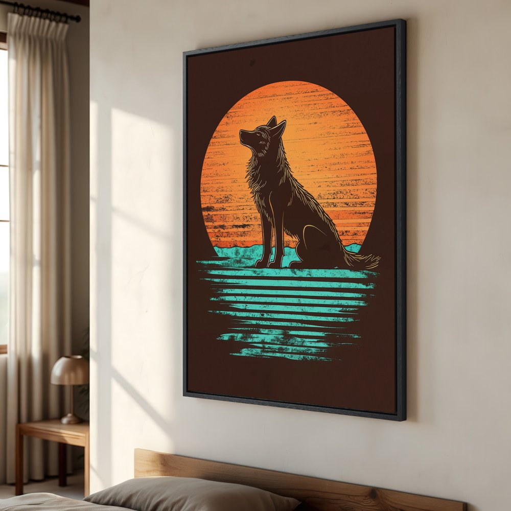 Framed Wall Art: Retro wolf art print with sunset backdrop. Earthy tones of brown, orange, and teal. Perfect for adding a touch of nature to your home decor.