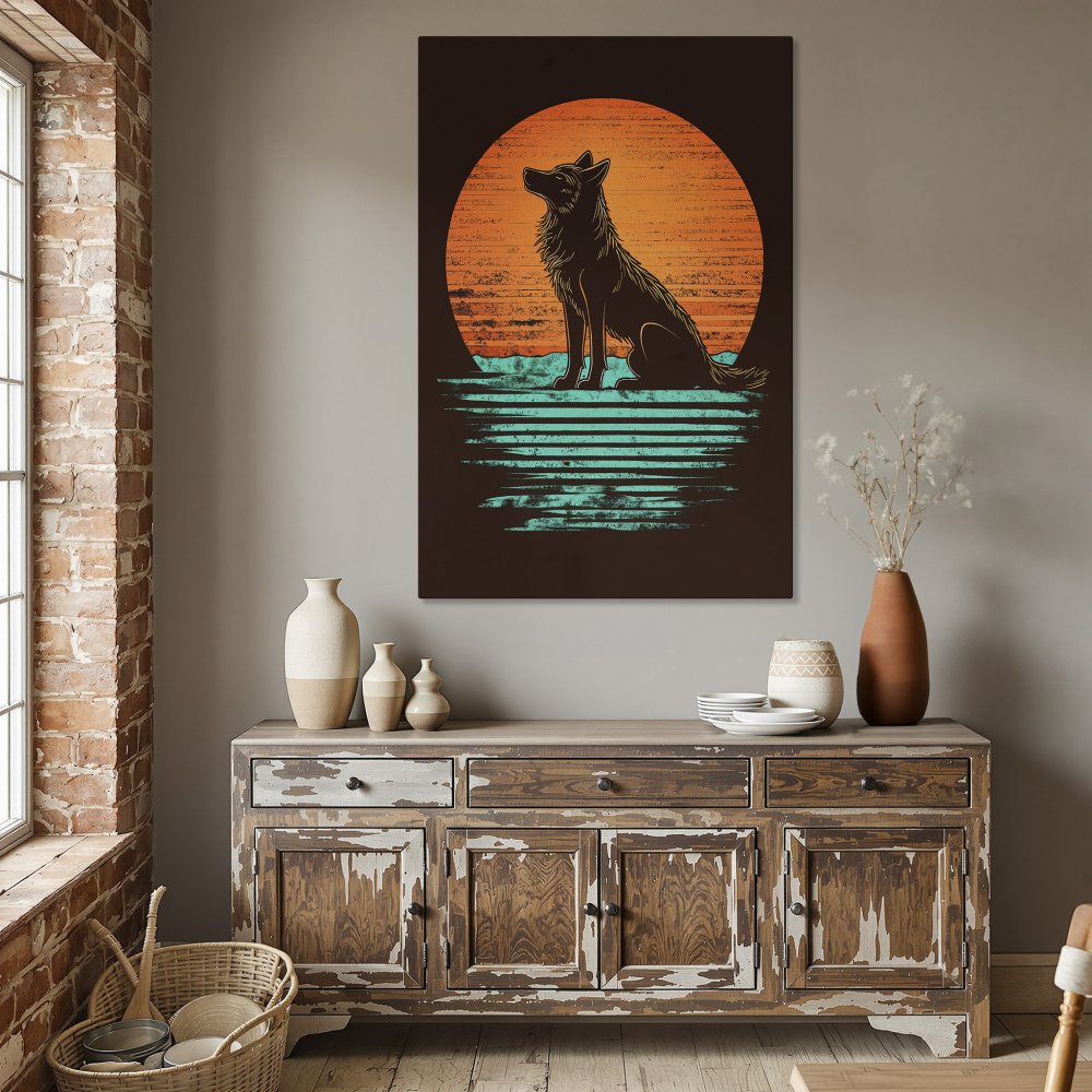 Framed Wall Art: Wolf silhouette against sunset. Retro style, warm orange & teal palette. Perfect for living rooms & dining areas. Shop now!