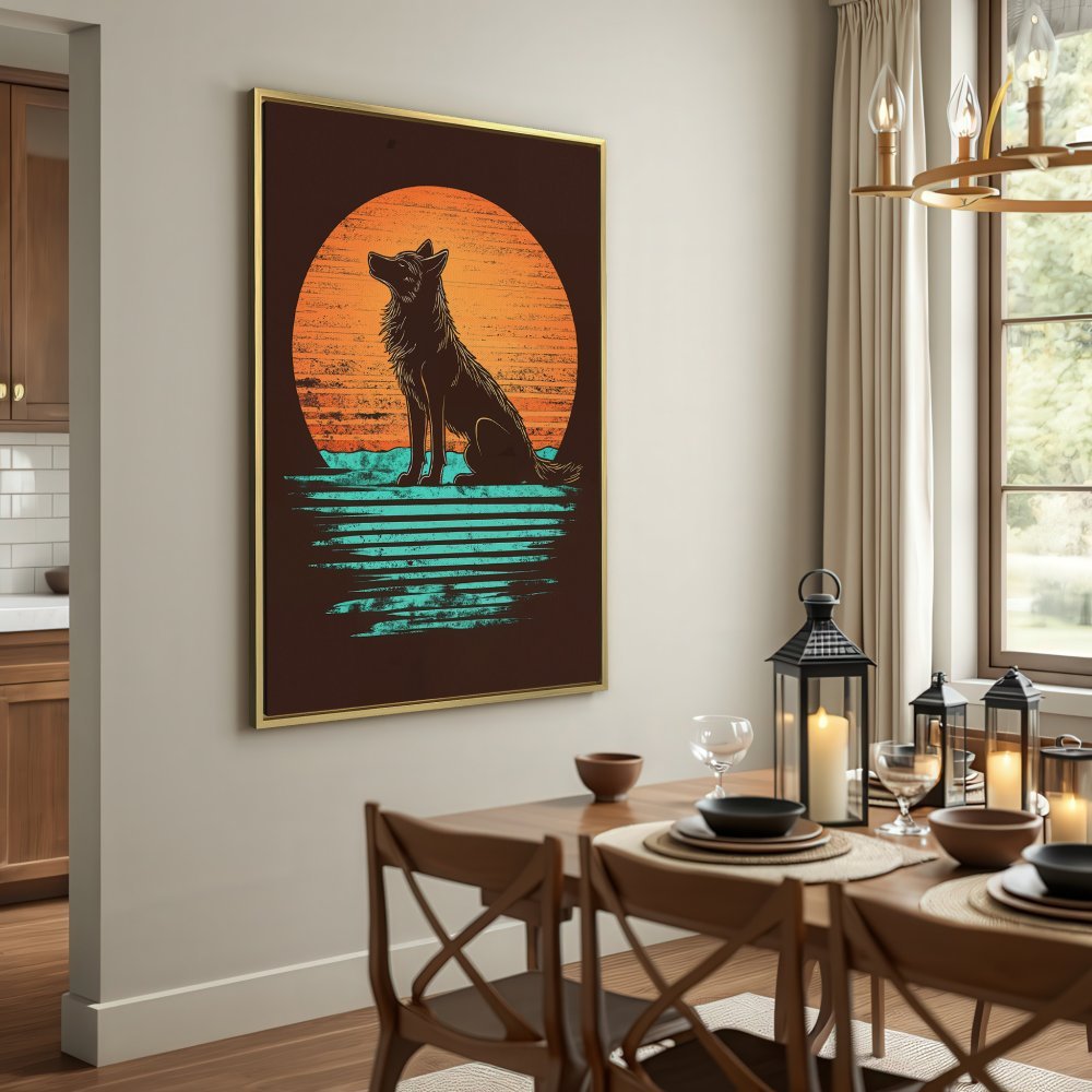 Canvas Print featuring a wolf silhouette against a sunset. Rustic style, warm orange and teal color palette, perfect wall art.