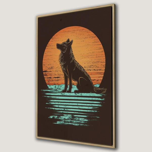 Framed Wall Art: Wolf silhouette against sunset. Retro style, warm orange and teal color palette. Perfect for adding a touch of nature to your space.